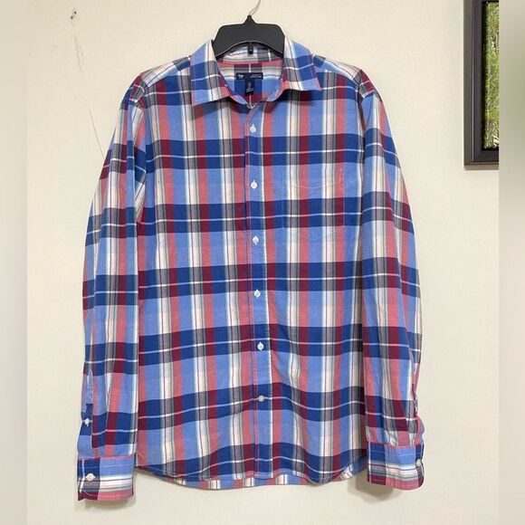 Gap classic fit plaid button up shirt long sleeve cotton blue red size L - Picture 5 of 13
